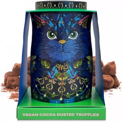 Cutie metalica Midnight Prince in forma de pisica cu trufe de ciocolata vegana Monty 135g